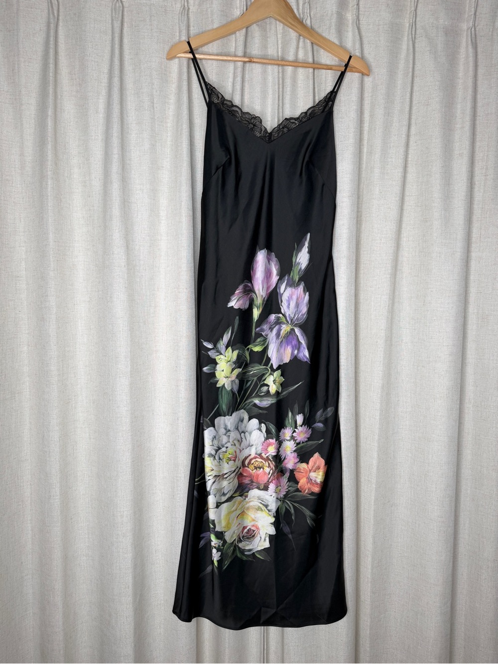 Black Floral Slip Dress with Lace Trim